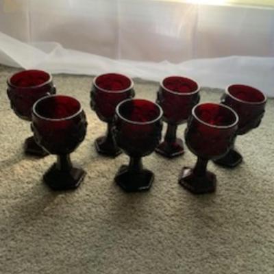 Vintage Ruby Red Glass Goblets Set of 7 Hexagonal Base