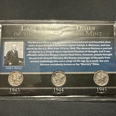 1943, 1944 AND 1945 MERCURY DIMES - .900 SILVER