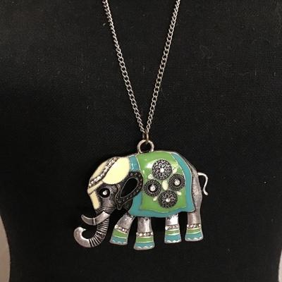 Super cute, large silver tone, enamel elephant, pendant statement, necklace