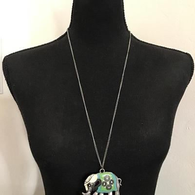 Super cute, large silver tone, enamel elephant, pendant statement, necklace