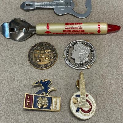 Bottle openers, pins and coins