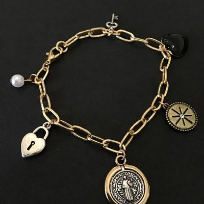 Cute Gold tone enamel heart charm bracelet