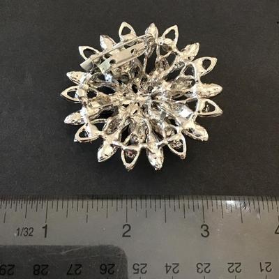 Beautiful, silver toned, red rhinestone, flower, fashion, brooch