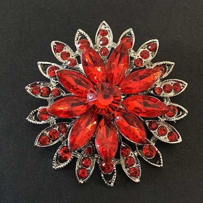 Beautiful, silver toned, red rhinestone, flower, fashion, brooch