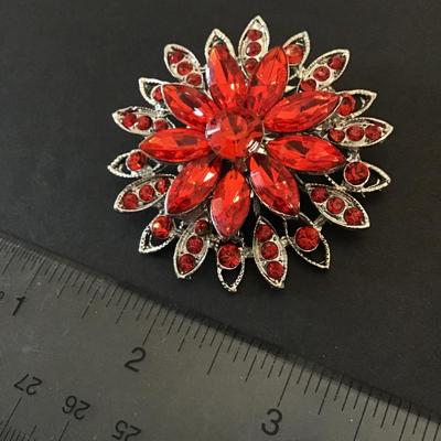 Beautiful, silver toned, red rhinestone, flower, fashion, brooch