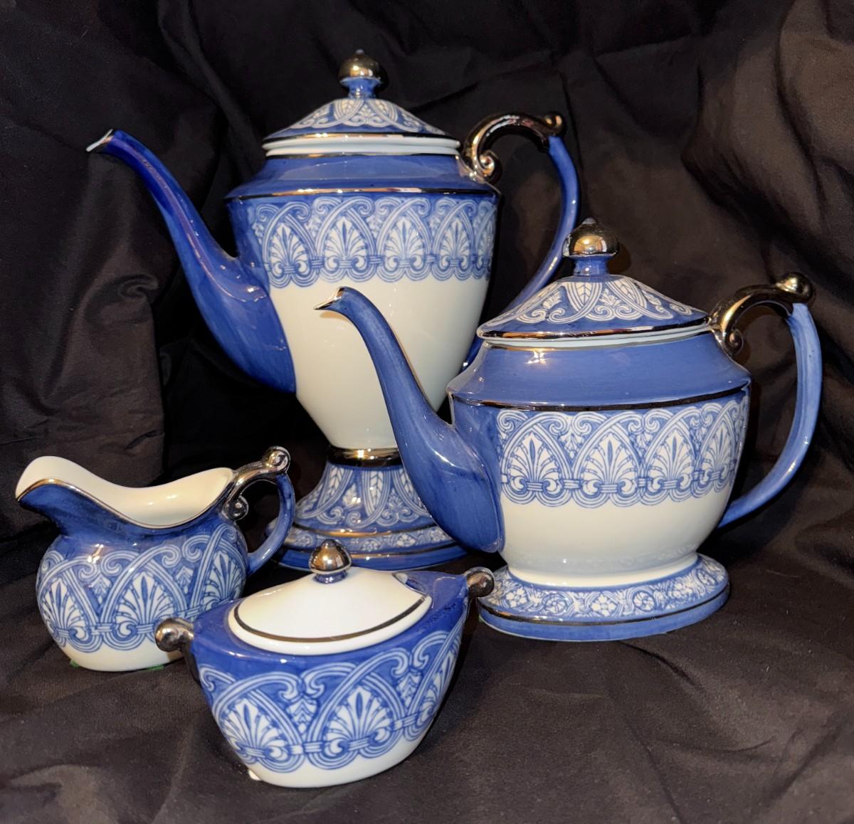 Gold Trimmed Blue & White Bombay Coffee Tea Set