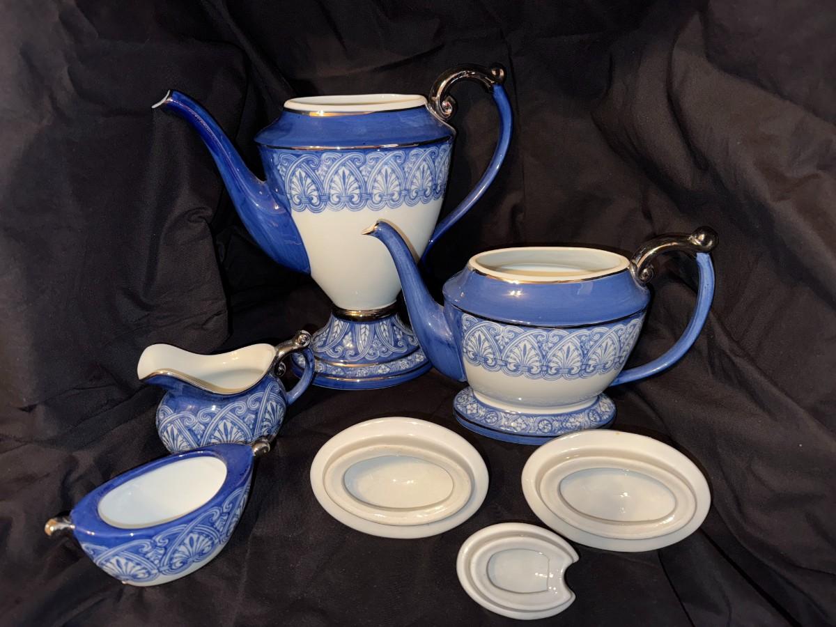 Gold Trimmed Blue & White Bombay Coffee Tea Set
