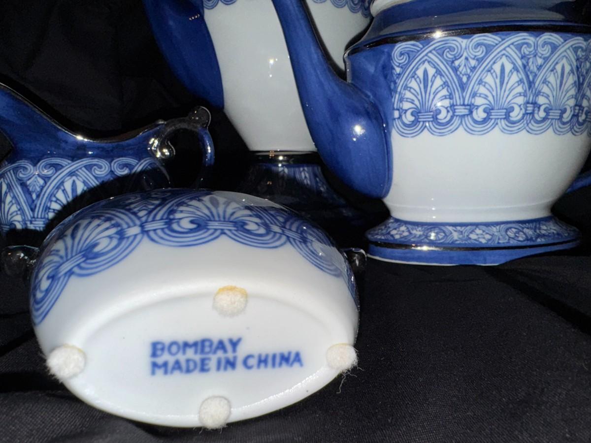 Gold Trimmed Blue & White Bombay Coffee Tea Set