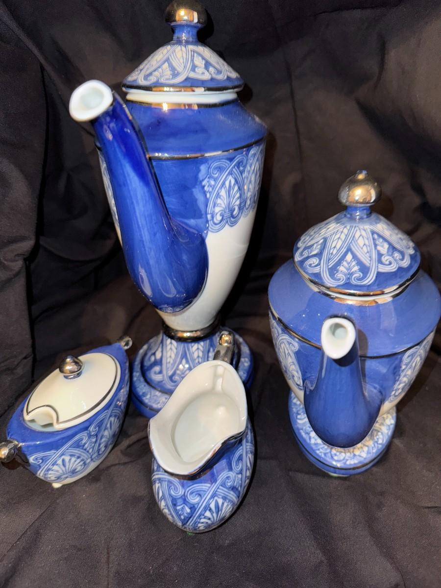 Gold Trimmed Blue & White Bombay Coffee Tea Set