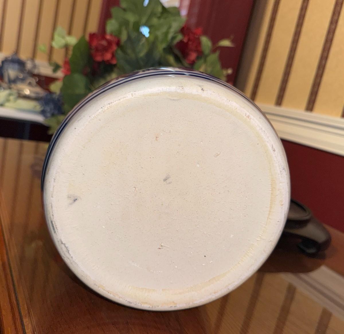 Large Cylindrical Blue and White Vase with Dried Flowers