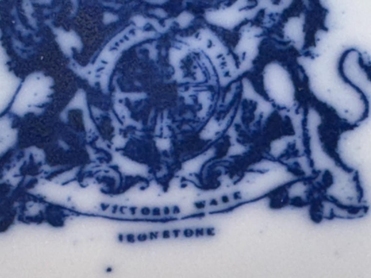 Antique Ironstone Victoria Ware Gold Thumbprint Blue and White Pitcher