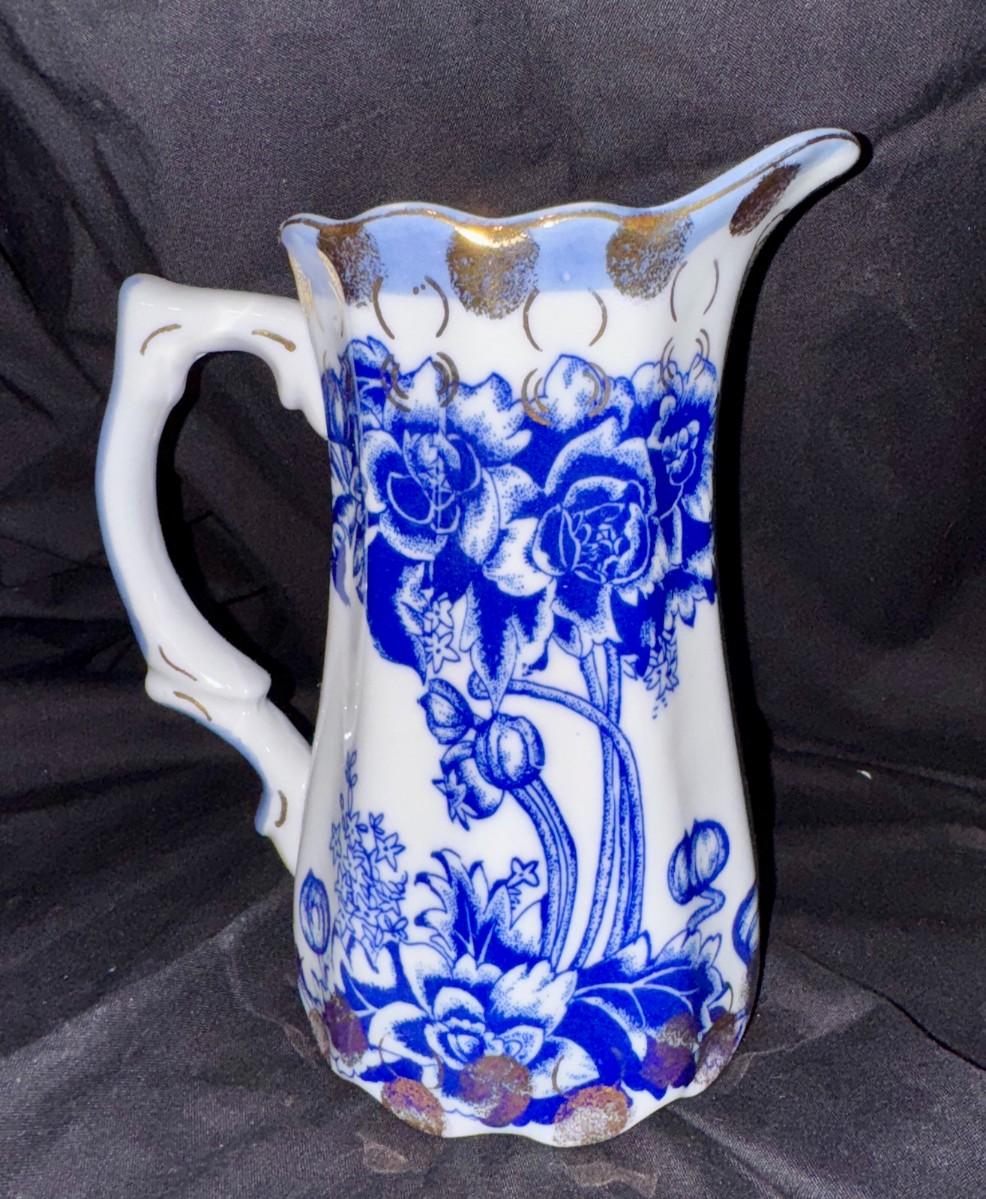 Antique Ironstone Victoria Ware Gold Thumbprint Blue and White Pitcher