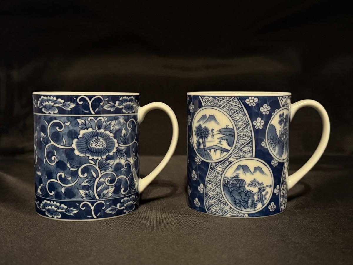 2 Vintage Takahashi Japan Asian Blue & White Floral Mugs
