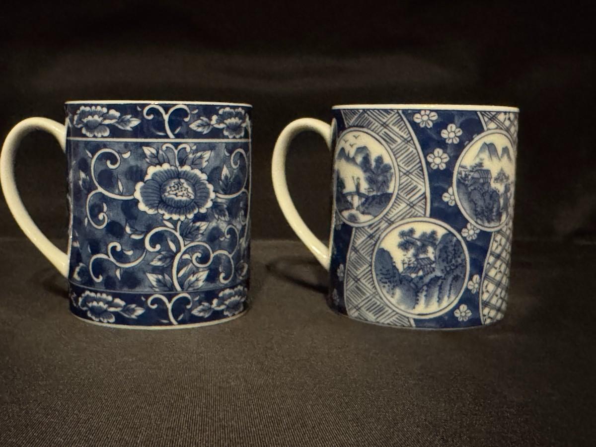2 Vintage Takahashi Japan Asian Blue & White Floral Mugs