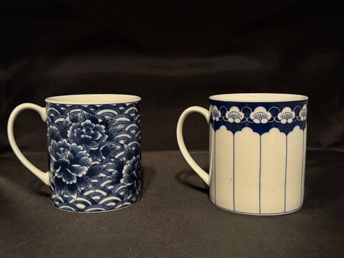 2 Vintage Takahashi Japan Asian Blue & White Floral and Striped Mug Set