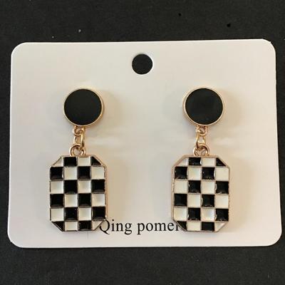 Cute, Gold tone, black, and white checkered earrings