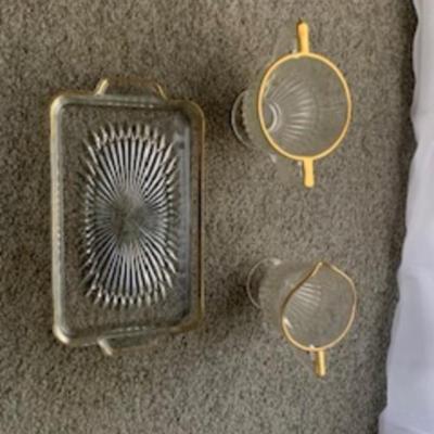 Vintage Glass Serving Set Gold Rimmed Dish 3-Piece