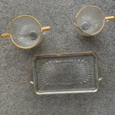 Vintage Glass Serving Set Gold Rimmed Dish 3-Piece