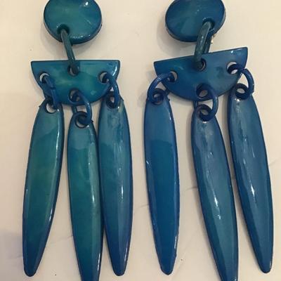 Vintage blue enamel statement, earrings clip on