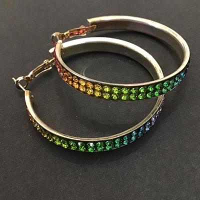 Vintage, silver, tone, rainbow hoop, earrings