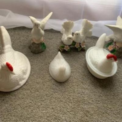 Mixed Bird Figurines – Decorative Milk Glass Chickens & Dove Statues