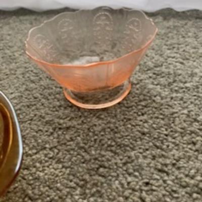 Vintage Colored Glass Dish Set – Pink, Amber & Ornate Bowls (3-Piece)