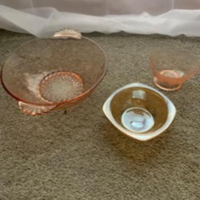 Vintage Colored Glass Dish Set – Pink, Amber & Ornate Bowls (3-Piece)
