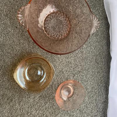 Vintage Colored Glass Dish Set – Pink, Amber & Ornate Bowls (3-Piece)