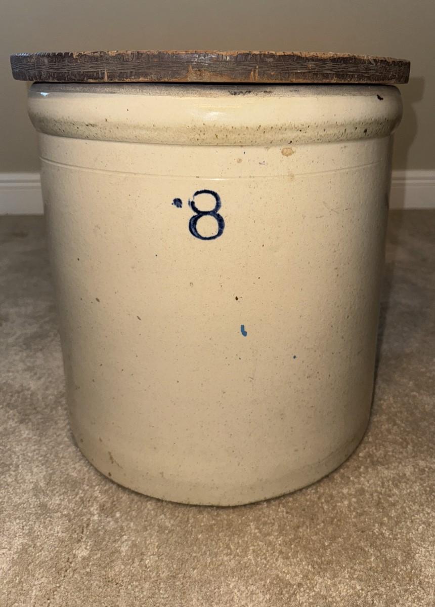 Antique Stoneware 8 Gallon Crock with Original Handpainted Lid