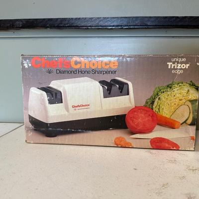 CHEFS CHOICE KNIFE SHARPENER, THE EURO CHOPPER AND POUR OVER COFFEE BREWER