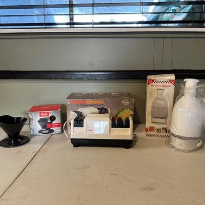 CHEFS CHOICE KNIFE SHARPENER, THE EURO CHOPPER AND POUR OVER COFFEE BREWER