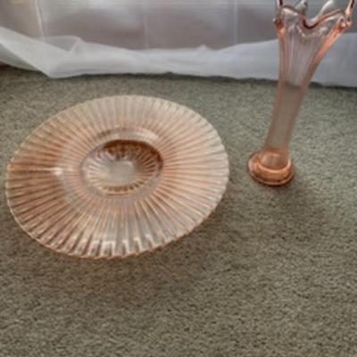 Pink Depression Glass Duo Ribbed Platter & Flared Vase (2-Piece)