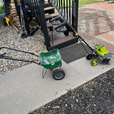 SCOTTS SPREADER AND SUNJOE ELECTRIC TILLER CULTIVATOR