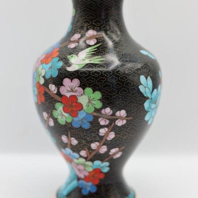 Cloisonné Enamel Vase – Floral Design on Black