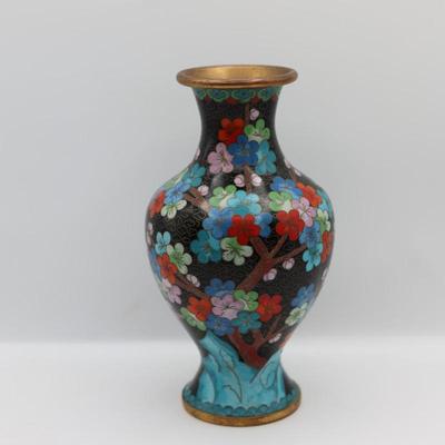 Cloisonné Enamel Vase – Floral Design on Black