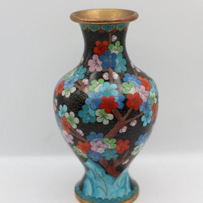 Cloisonné Enamel Vase – Floral Design on Black