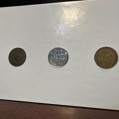 LAST THREE YEARS OF INDIAN HEAD PENNIES, 1901 INDIAN HEAD PENNY, 1943 STEEL PENNY AND 1944 WHEAT PENNY