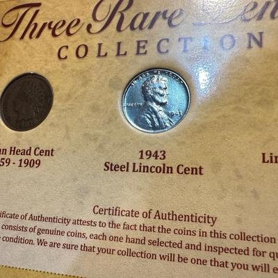 LAST THREE YEARS OF INDIAN HEAD PENNIES, 1901 INDIAN HEAD PENNY, 1943 STEEL PENNY AND 1944 WHEAT PENNY