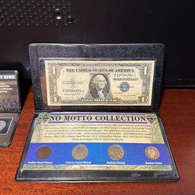 1935 $1 BLUE SEAL, NO MOTTO COIN COLLECTION AND 1944 WWII SILVER MERCURY DIME