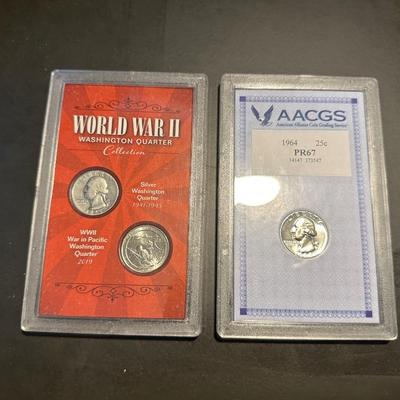 WWII WASHINGTON QUARTER COLLECTION AND GRADED PR67 1964 QUARTER