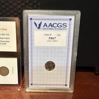 1914 SILVER BARBER DIME AND GRADED PR67 1964 SILVER DIME