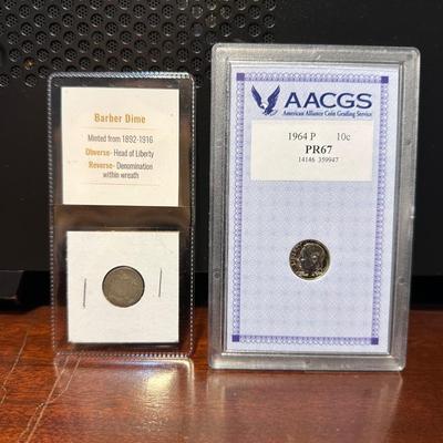 1914 SILVER BARBER DIME AND GRADED PR67 1964 SILVER DIME