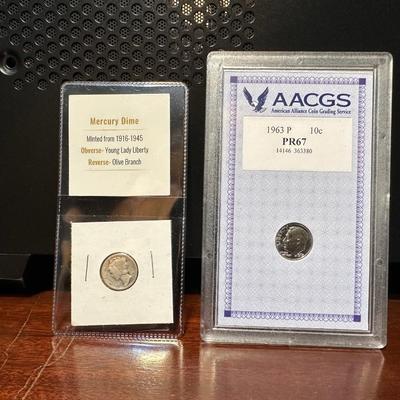 1924 SILVER MERCURY DIME AND GRADED PR67 1963 SILVER DIME