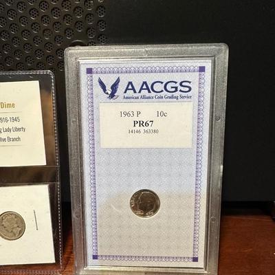 1924 SILVER MERCURY DIME AND GRADED PR67 1963 SILVER DIME