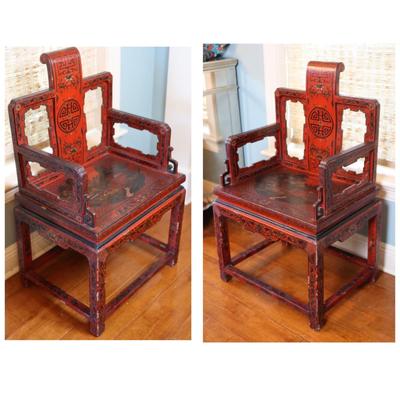 Pair of Chinoiserie Armchairs in Red Lacquer