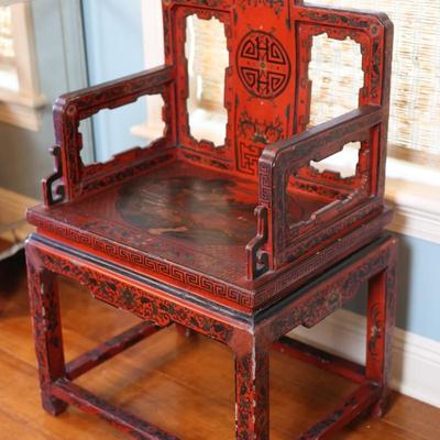 Pair of Chinoiserie Armchairs in Red Lacquer