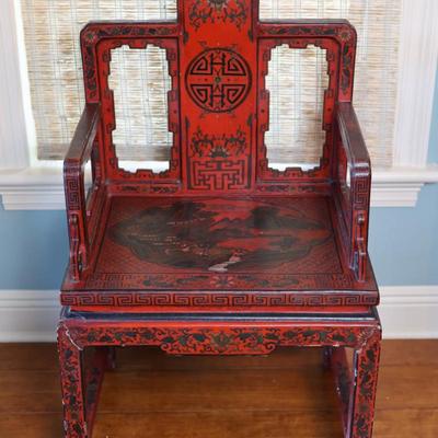 Pair of Chinoiserie Armchairs in Red Lacquer
