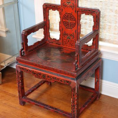 Pair of Chinoiserie Armchairs in Red Lacquer