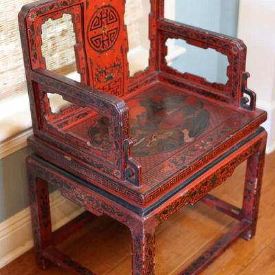 Pair of Chinoiserie Armchairs in Red Lacquer