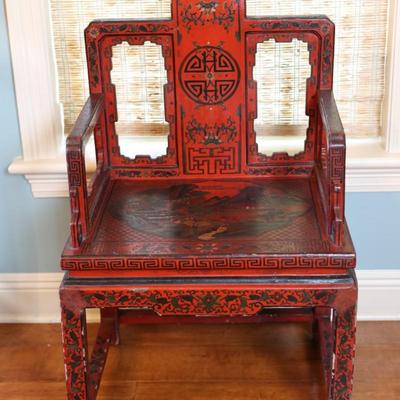 Pair of Chinoiserie Armchairs in Red Lacquer